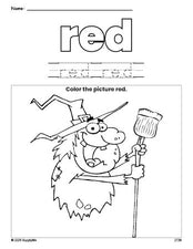 Free Halloween witch color red coloring page and color worksheet, red worksheet for preschoolers to learn colors, printable PDF