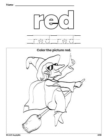 Free Halloween witch color red coloring page and color worksheet, red worksheet for preschoolers to learn colors, printable PDF