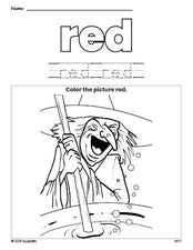 Free Halloween witch color red coloring page and color worksheet, red worksheet for preschoolers to learn colors, printable PDF