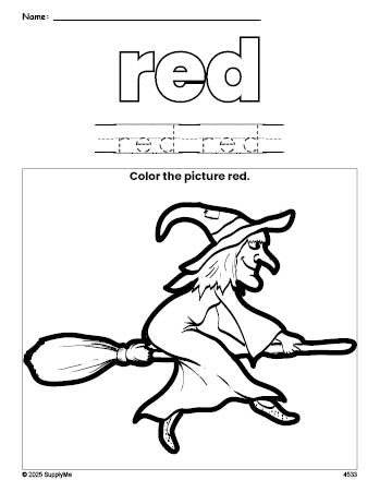 Free Halloween witch color red coloring page and color worksheet, red worksheet for preschoolers to learn colors, printable PDF