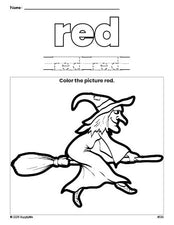 Free Halloween witch color red coloring page and color worksheet, red worksheet for preschoolers to learn colors, printable PDF