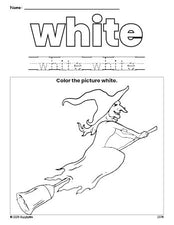 Free Halloween witch color white coloring page and color worksheet, white worksheet for preschoolers to learn colors, printable PDF