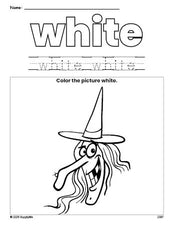 Free Halloween witch color white coloring page and color worksheet, white worksheet for preschoolers to learn colors, printable PDF