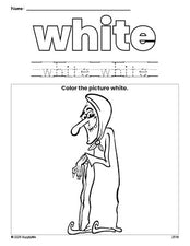 Free Halloween witch color white coloring page and color worksheet, white worksheet for preschoolers to learn colors, printable PDF