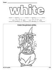 Free Halloween witch color white coloring page and color worksheet, white worksheet for preschoolers to learn colors, printable PDF