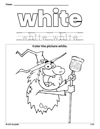 Free Halloween witch color white coloring page and color worksheet, white worksheet for preschoolers to learn colors, printable PDF