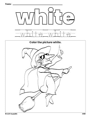 Free Halloween witch color white coloring page and color worksheet, white worksheet for preschoolers to learn colors, printable PDF