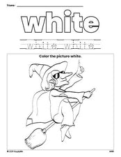 Free Halloween witch color white coloring page and color worksheet, white worksheet for preschoolers to learn colors, printable PDF