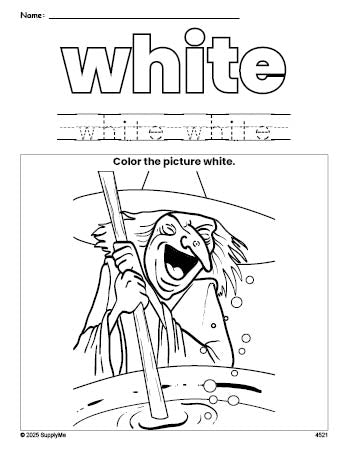 Free Halloween witch color white coloring page and color worksheet, white worksheet for preschoolers to learn colors, printable PDF