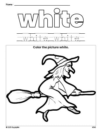 Free Halloween witch color white coloring page and color worksheet, white worksheet for preschoolers to learn colors, printable PDF