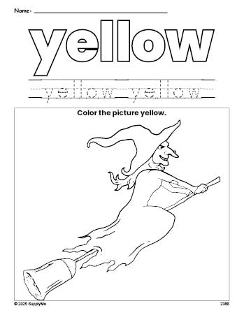 Free Halloween witch color yellow coloring page and color worksheet, yellow worksheet for preschoolers to learn colors, printable PDF