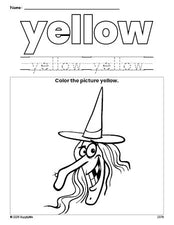 Free Halloween witch color yellow coloring page and color worksheet, yellow worksheet for preschoolers to learn colors, printable PDF