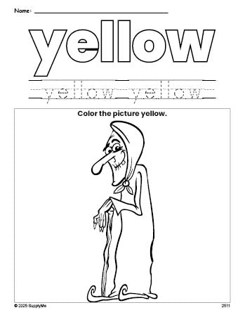 Free Halloween witch color yellow coloring page and color worksheet, yellow worksheet for preschoolers to learn colors, printable PDF