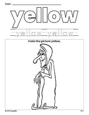 Free Halloween witch color yellow coloring page and color worksheet, yellow worksheet for preschoolers to learn colors, printable PDF