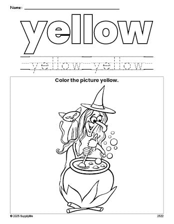 Free Halloween witch color yellow coloring page and color worksheet, yellow worksheet for preschoolers to learn colors, printable PDF