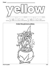 Free Halloween witch color yellow coloring page and color worksheet, yellow worksheet for preschoolers to learn colors, printable PDF