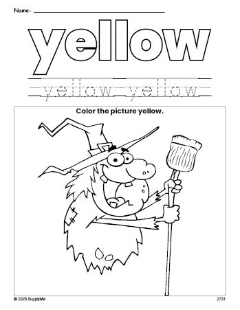 Free Halloween witch color yellow coloring page and color worksheet, yellow worksheet for preschoolers to learn colors, printable PDF