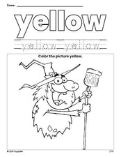 Free Halloween witch color yellow coloring page and color worksheet, yellow worksheet for preschoolers to learn colors, printable PDF