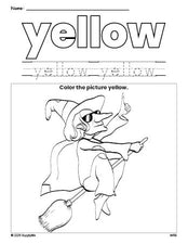 Free Halloween witch color yellow coloring page and color worksheet, yellow worksheet for preschoolers to learn colors, printable PDF