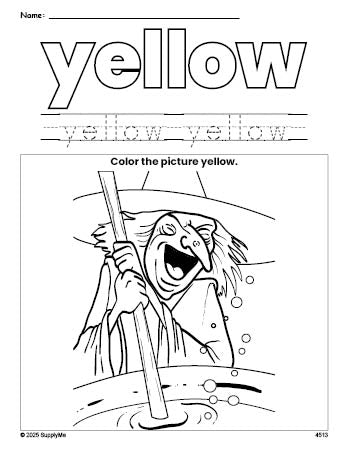 Free Halloween witch color yellow coloring page and color worksheet, yellow worksheet for preschoolers to learn colors, printable PDF