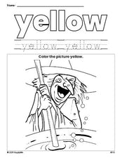 Free Halloween witch color yellow coloring page and color worksheet, yellow worksheet for preschoolers to learn colors, printable PDF