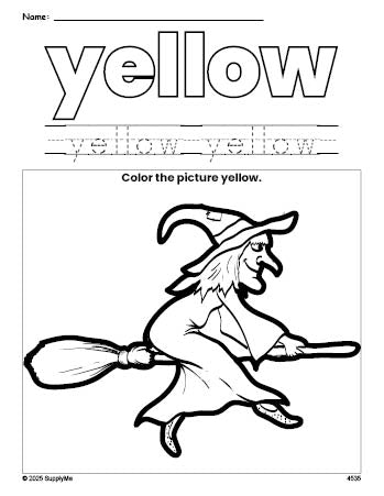 Free Halloween witch color yellow coloring page and color worksheet, yellow worksheet for preschoolers to learn colors, printable PDF