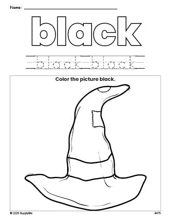 Free Halloween witch hat color black coloring page and color worksheet, black worksheet for preschoolers to learn colors, printable PDF