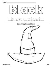 Free Halloween witch hat color black coloring page and color worksheet, black worksheet for preschoolers to learn colors, printable PDF