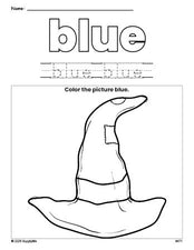 Free Halloween witch hat color blue coloring page and color worksheet, blue worksheet for preschoolers to learn colors, printable PDF