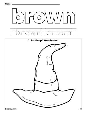 Free Halloween witch hat color brown coloring page and color worksheet, brown worksheet for preschoolers to learn colors, printable PDF