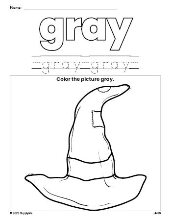 Free Halloween witch hat color gray coloring page and color worksheet, gray worksheet for preschoolers to learn colors, printable PDF