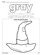 Free Halloween witch hat color gray coloring page and color worksheet, gray worksheet for preschoolers to learn colors, printable PDF