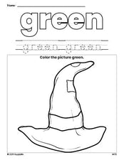 Free Halloween witch hat color green coloring page and color worksheet, green worksheet for preschoolers to learn colors, printable PDF