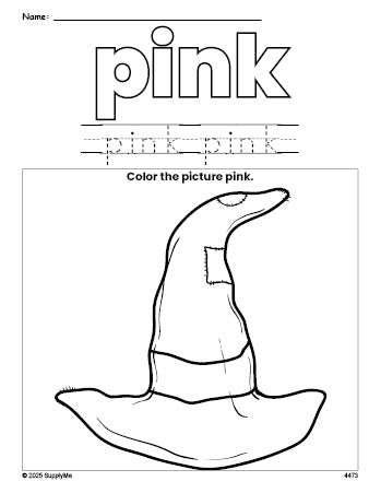 Free Halloween witch hat color pink coloring page and color worksheet, pink worksheet for preschoolers to learn colors, printable PDF