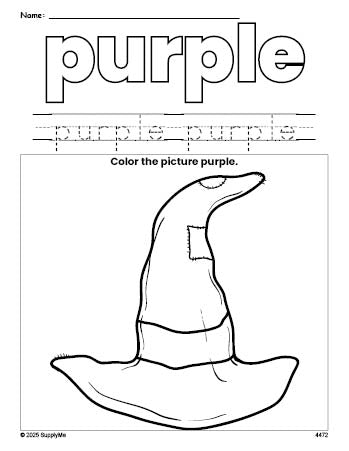 Free Halloween witch hat color purple coloring page and color worksheet, purple worksheet for preschoolers to learn colors, printable PDF