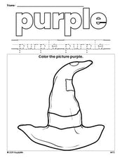 Free Halloween witch hat color purple coloring page and color worksheet, purple worksheet for preschoolers to learn colors, printable PDF