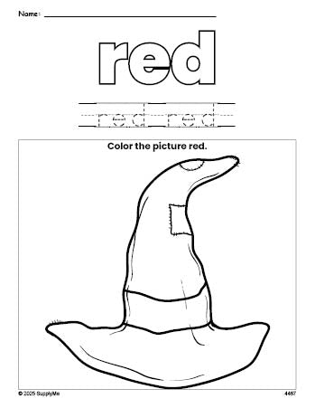 Free Halloween witch hat color red coloring page and color worksheet, red worksheet for preschoolers to learn colors, printable PDF