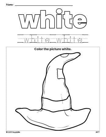 Free Halloween witch hat color white coloring page and color worksheet, white worksheet for preschoolers to learn colors, printable PDF