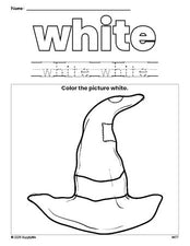 Free Halloween witch hat color white coloring page and color worksheet, white worksheet for preschoolers to learn colors, printable PDF