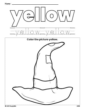 Free Halloween witch hat color yellow coloring page and color worksheet, yellow worksheet for preschoolers to learn colors, printable PDF