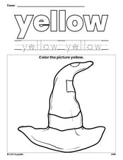 Free Halloween witch hat color yellow coloring page and color worksheet, yellow worksheet for preschoolers to learn colors, printable PDF