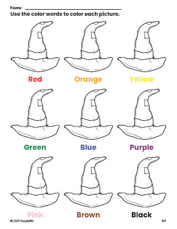 Free Halloween witch hat coloring page and color worksheet for preschoolers to learn colors, printable PDF