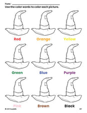 Free Halloween witch hat coloring page and color worksheet for preschoolers to learn colors, printable PDF