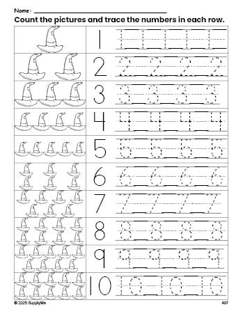 Free printable Halloween witch hat counting worksheet for preschool and pre-k with number tracing practice 1-10, PDF