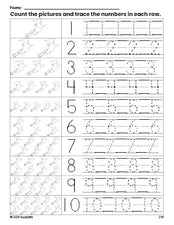 Free printable Halloween witch counting worksheet for preschool and pre-k with number tracing practice 1-10, PDF