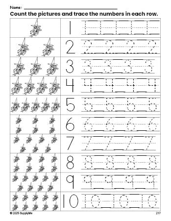 Free printable Halloween witch counting worksheet for preschool and pre-k with number tracing practice 1-10, PDF