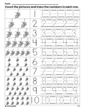 Free printable Halloween witch counting worksheet for preschool and pre-k with number tracing practice 1-10, PDF