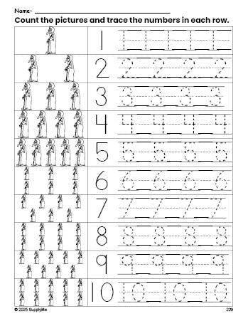 Free printable Halloween witch counting worksheet for preschool and pre-k with number tracing practice 1-10, PDF