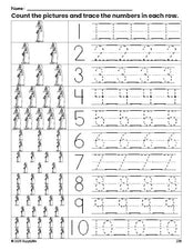 Free printable Halloween witch counting worksheet for preschool and pre-k with number tracing practice 1-10, PDF