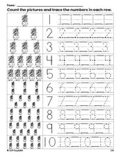 Free printable Halloween witch counting worksheet for preschool and pre-k with number tracing practice 1-10, PDF